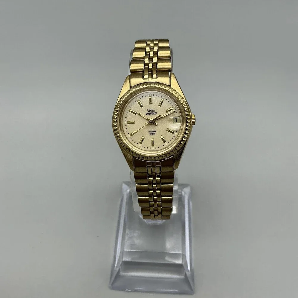 Timex Indiglo Womens Watch 25mm Glitter Dial Gold Tone Date New Battery 6.25